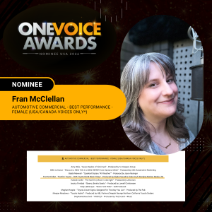 I’m so thrilled to be nominated for the One Voice Award for Best Female Voiceover Performance in an Automotive Commercial and honored to be in such great company! Congrats to all of the nominees!!